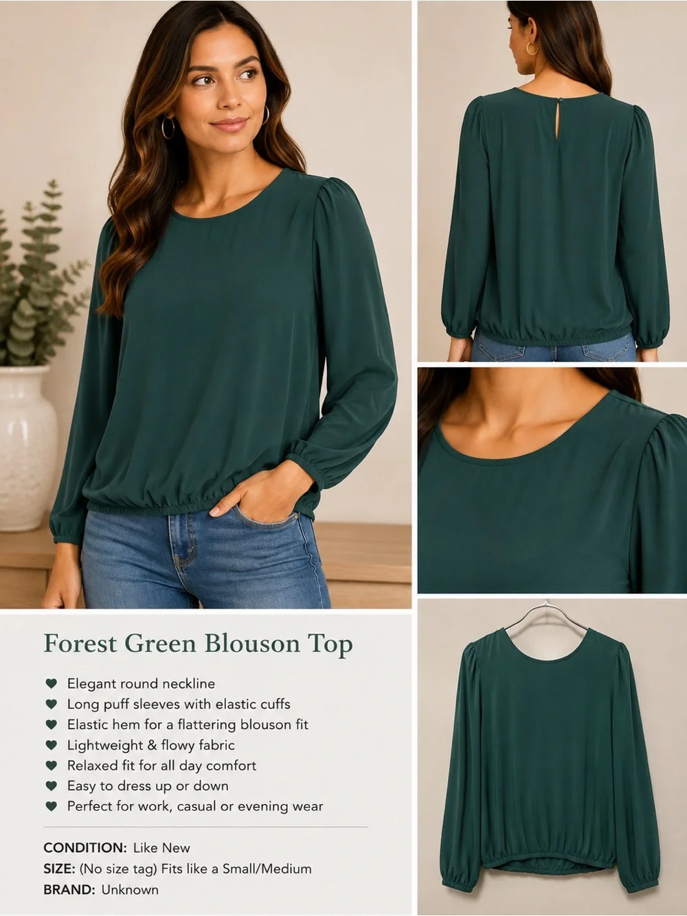 LOFT Forest Green Elastic-Hem Blouson Top